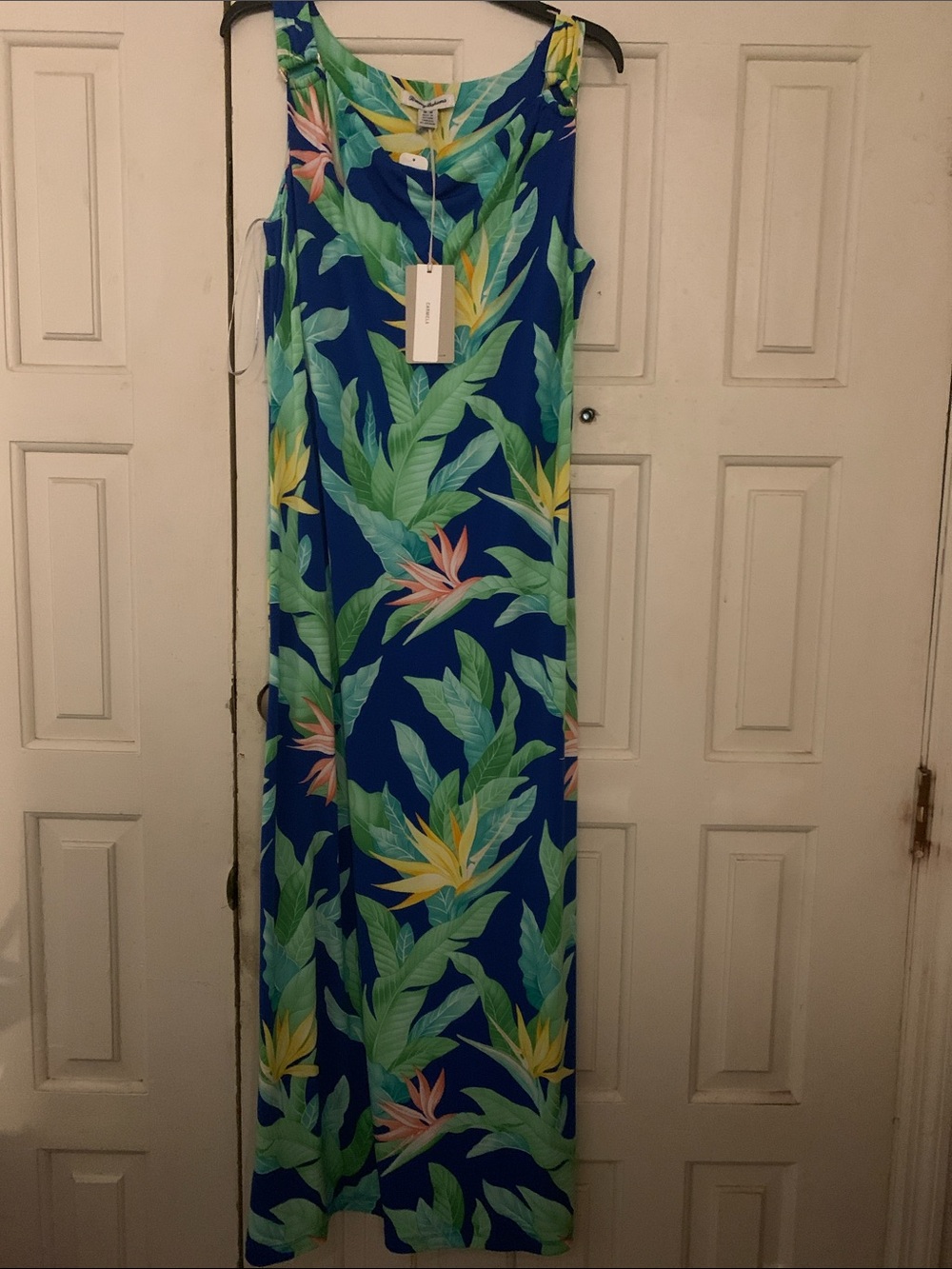 Tommy Bahama Tropical Blue Maxi Dress with Green Leaf Print